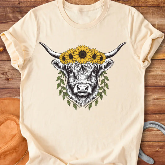 Rustic illustration of a Highland cow wearing a sunflower crown and leafy wreath, perfect for cow lovers.