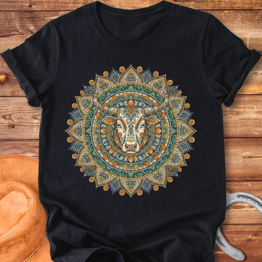 Sacred Taurus Art T-Shirt featuring a cow head in a mandala design