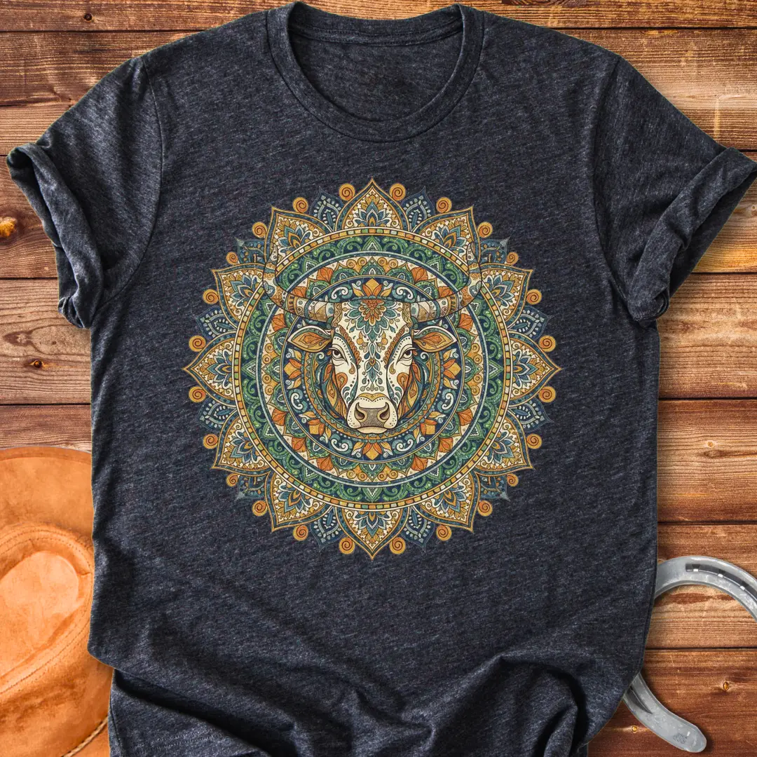 Sacred Taurus Art T-Shirt featuring a cow head in a mandala design