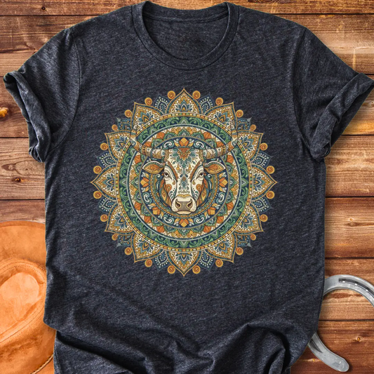 Sacred Taurus Art T-Shirt featuring a cow head in a mandala design