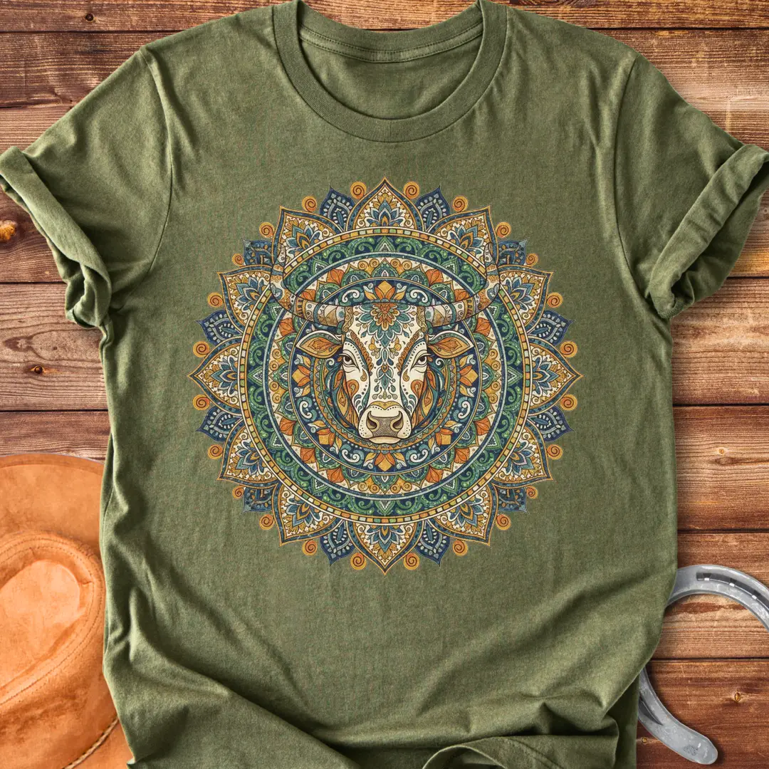 Sacred Taurus Art T-Shirt featuring a cow head in a mandala design