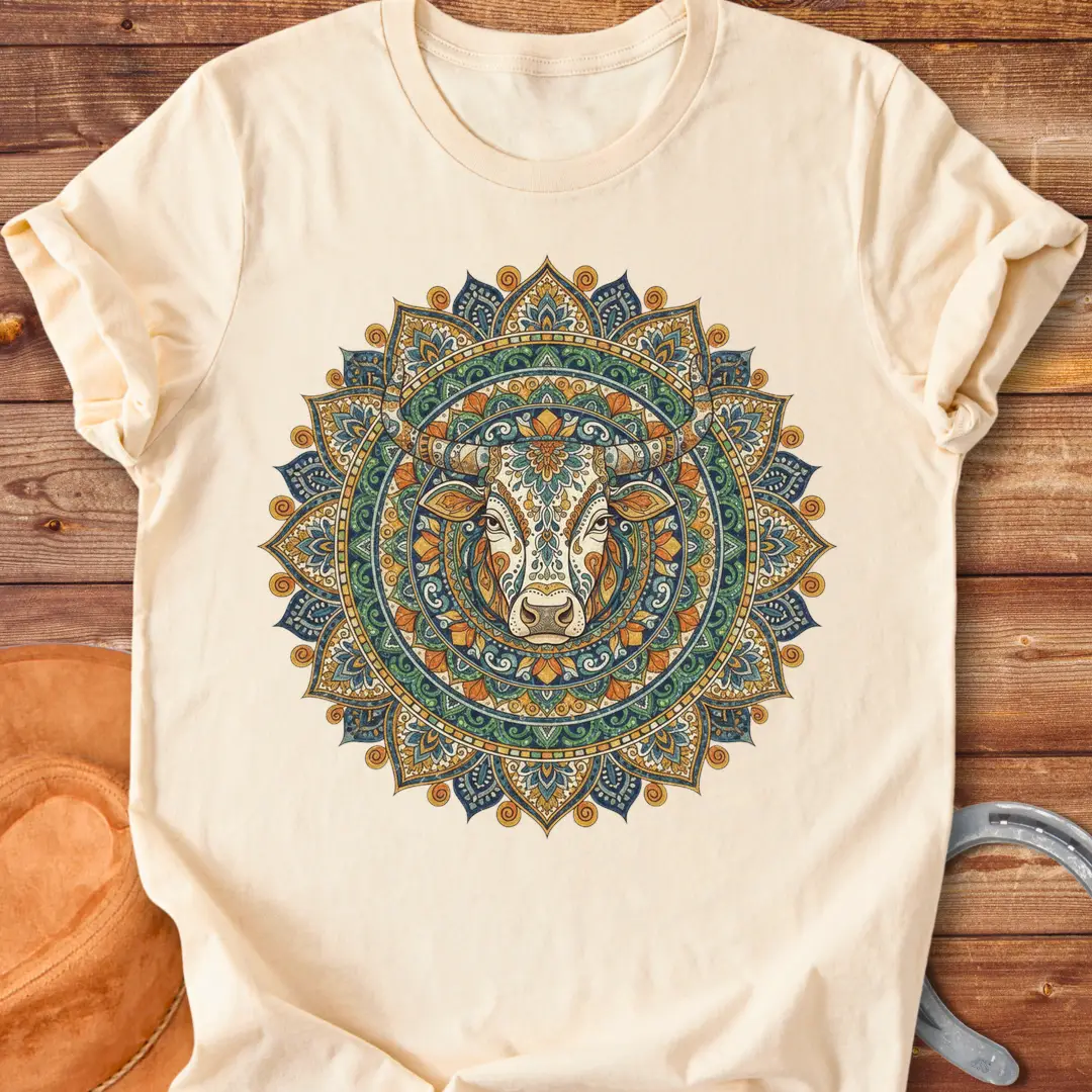 Sacred Taurus Art T-Shirt featuring a cow head in a mandala design