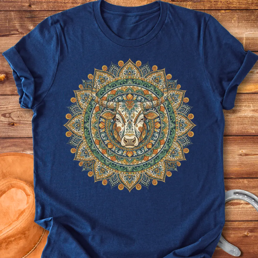 Sacred Taurus Art T-Shirt featuring a cow head in a mandala design