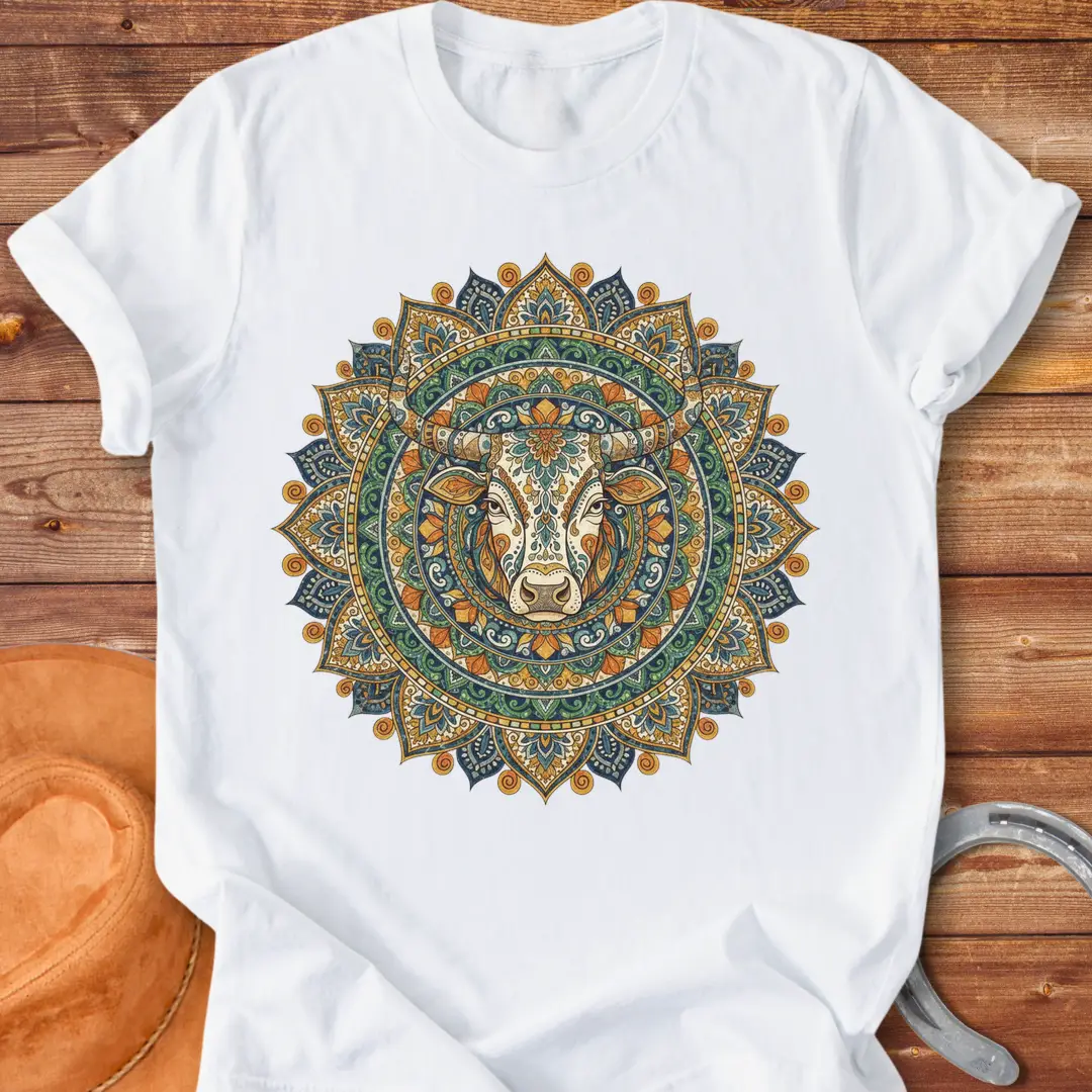 Sacred Taurus Art T-Shirt featuring a cow head in a mandala design