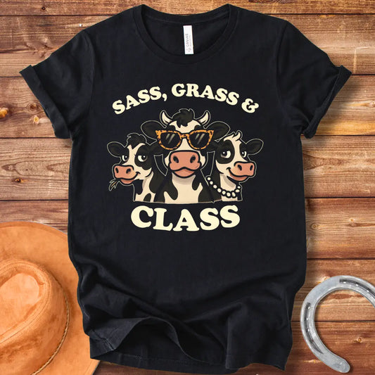 Sass, Grass, and Class T-Shirt featuring a graphic of three sassy cows wearing sunglasses and a pearl necklace.