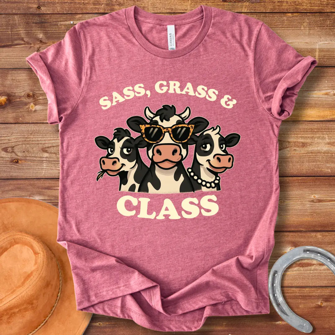 Sass, Grass, and Class T-Shirt featuring a graphic of three sassy cows wearing sunglasses and a pearl necklace.