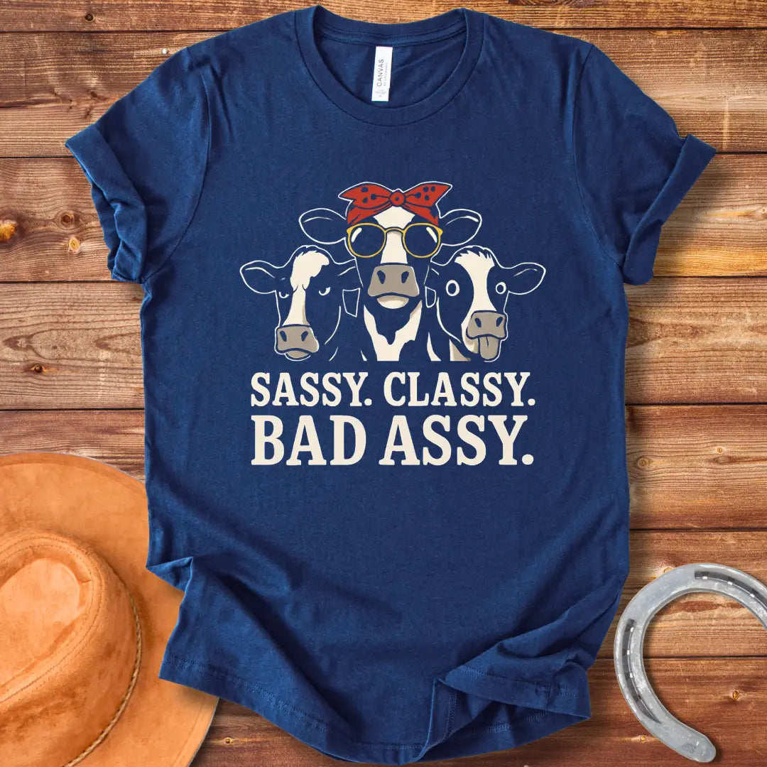 Illustration of three sassy cows wearing sunglasses and bandanas with the words 'Sassy Classy Bad Assy' below.