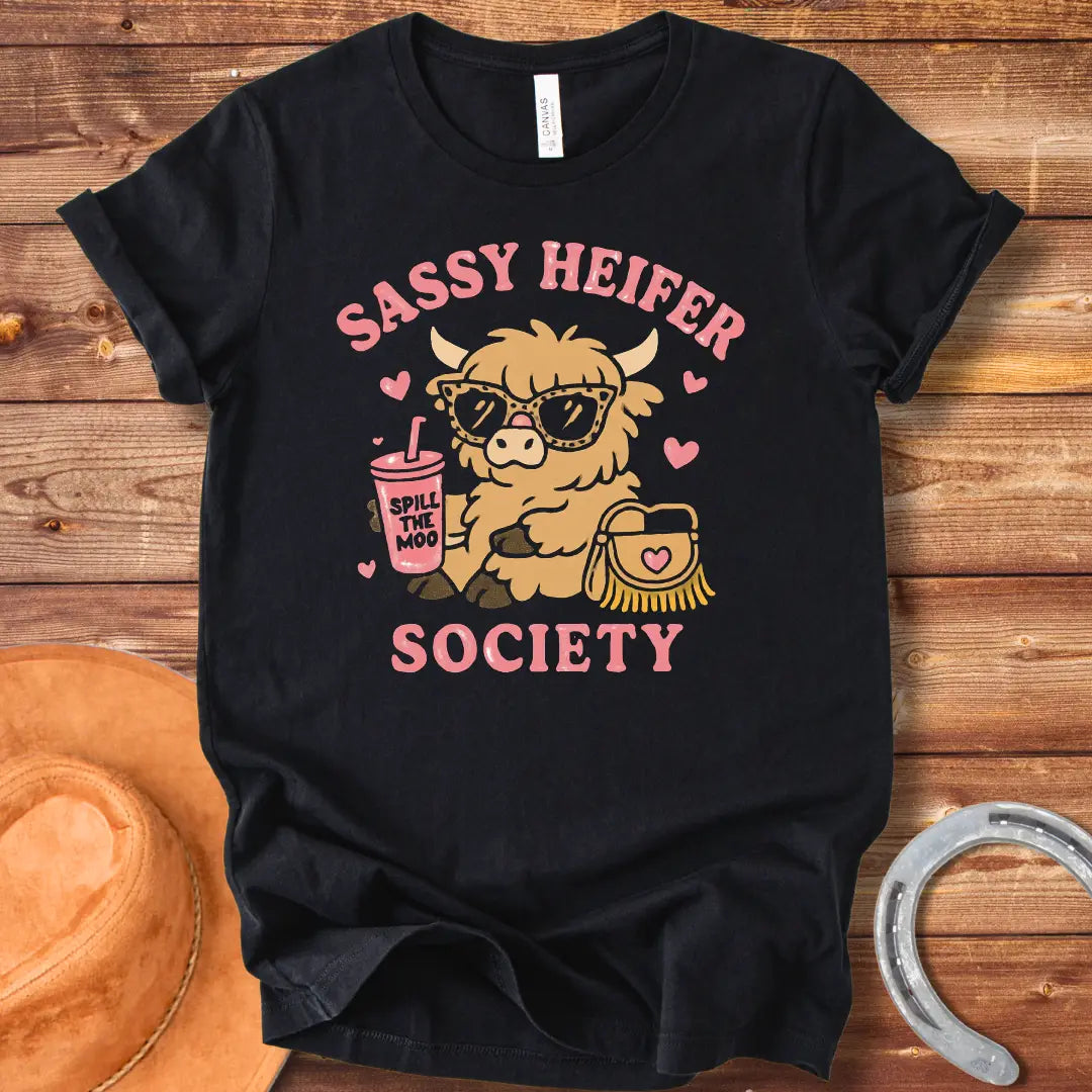 Sassy heifer wearing sunglasses and holding a 'Spill the Moo' drink, with a purse and hearts, all set against a black background, text reading 'Sassy Heifer Society'