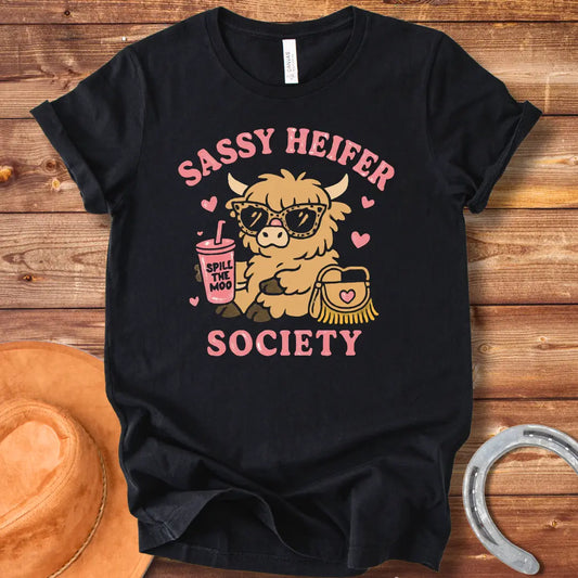 Sassy heifer wearing sunglasses and holding a 'Spill the Moo' drink, with a purse and hearts, all set against a black background, text reading 'Sassy Heifer Society'