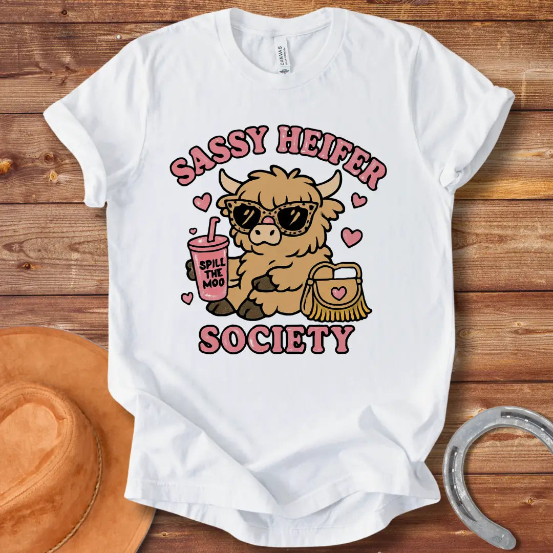Sassy heifer wearing sunglasses and holding a 'Spill the Moo' drink, with a purse and hearts, all set against a black background, text reading 'Sassy Heifer Society'