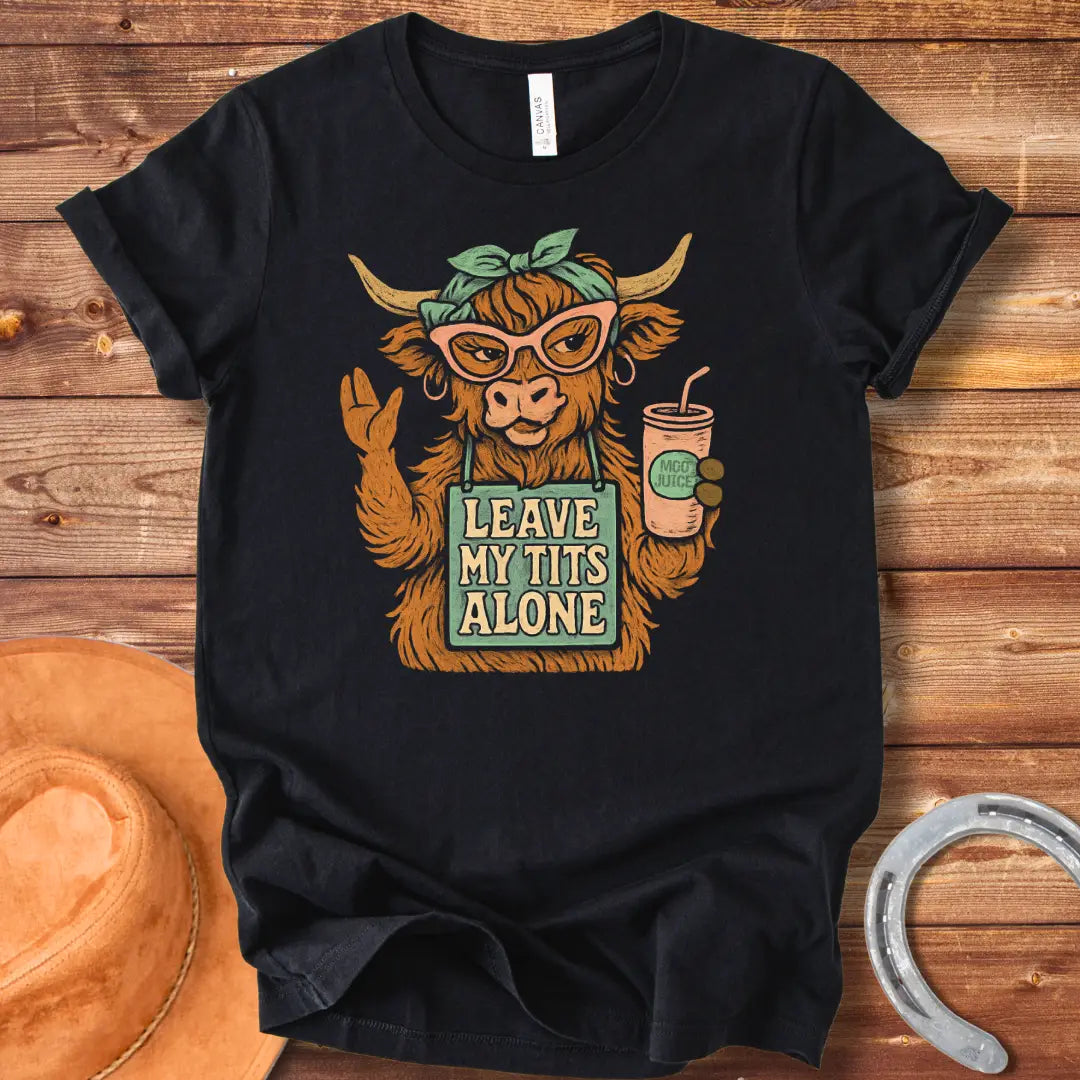 Illustration of a sassy cow wearing sunglasses, holding a Moo Juice drink and a sign that says 'Leave My Tits Alone'.