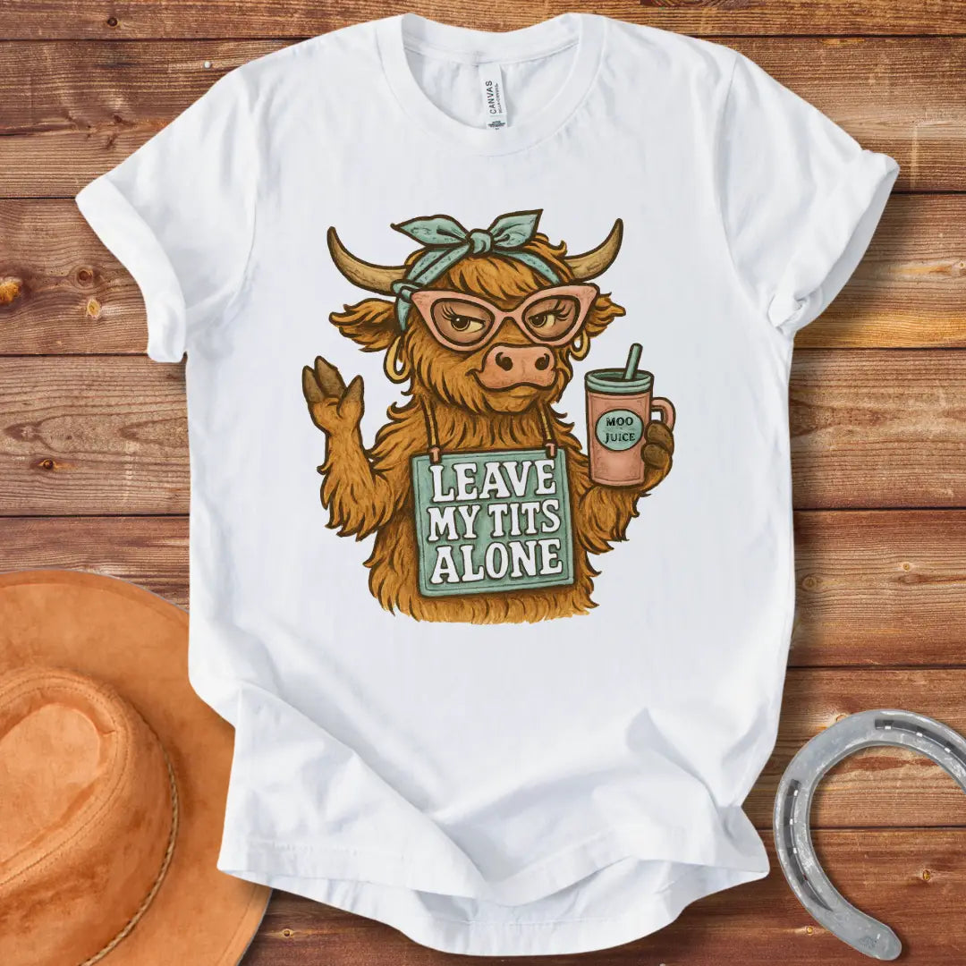 Illustration of a sassy cow wearing sunglasses, holding a Moo Juice drink and a sign that says 'Leave My Tits Alone'.