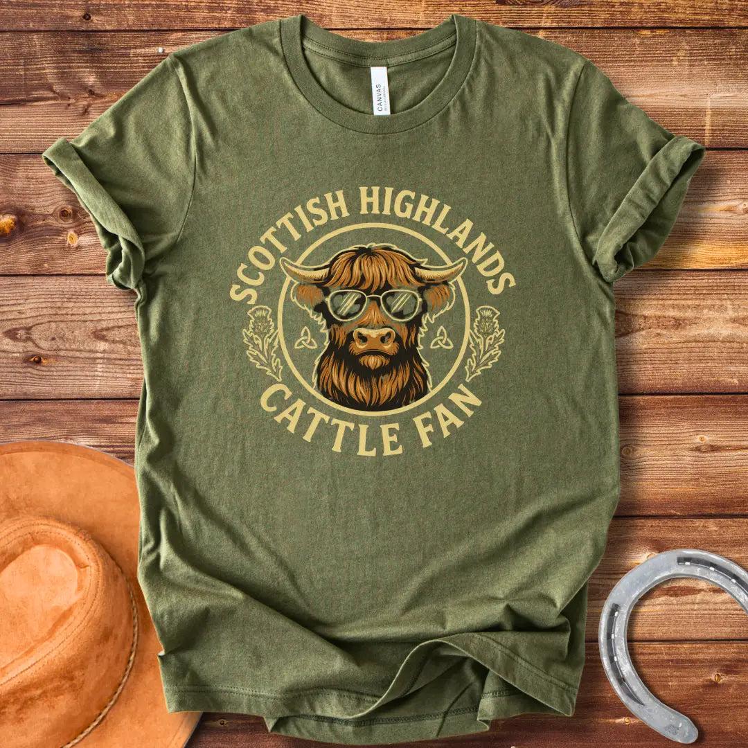 Scottish Highland cow wearing sunglasses, surrounded by text and thistle artwork