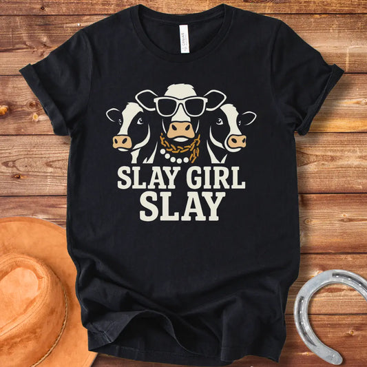 Three sassy cows wearing sunglasses and gold chains on a black background, 'Slay Girl Slay' text