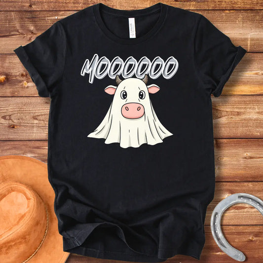 A cute cartoon cow dressed as a ghost with the word 'Moooo' written above it in a spooky font.