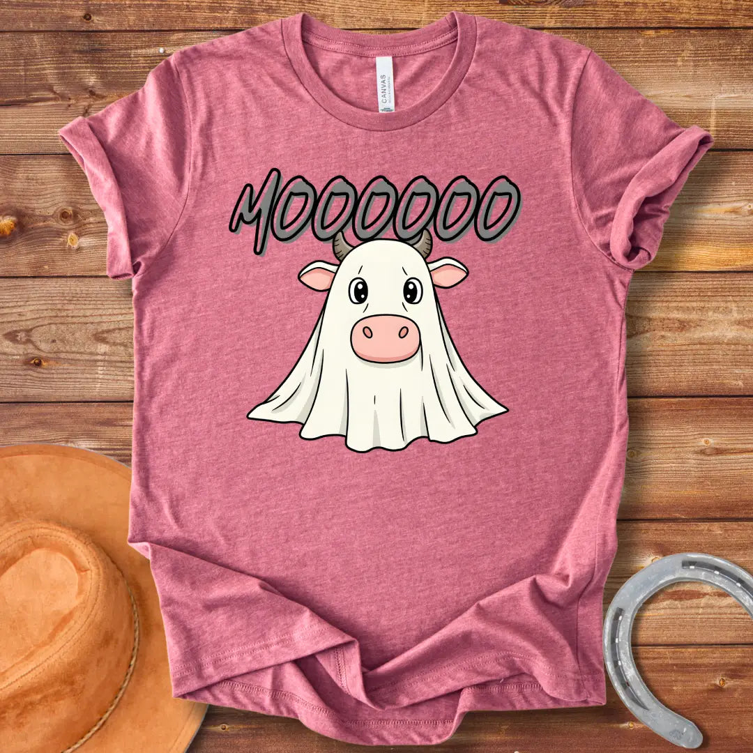 A cute cartoon cow dressed as a ghost with the word 'Moooo' written above it in a spooky font.