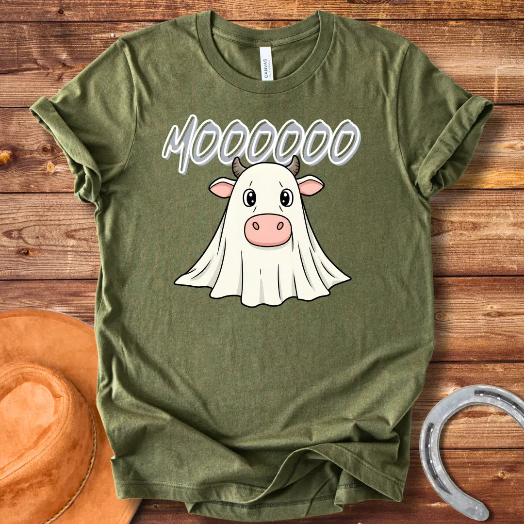A cute cartoon cow dressed as a ghost with the word 'Moooo' written above it in a spooky font.