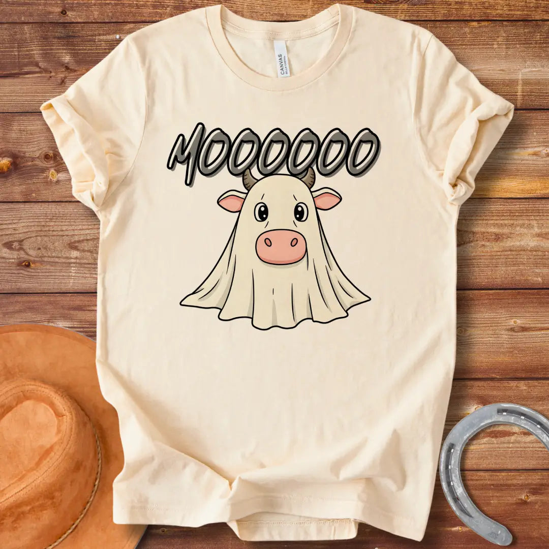 A cute cartoon cow dressed as a ghost with the word 'Moooo' written above it in a spooky font.