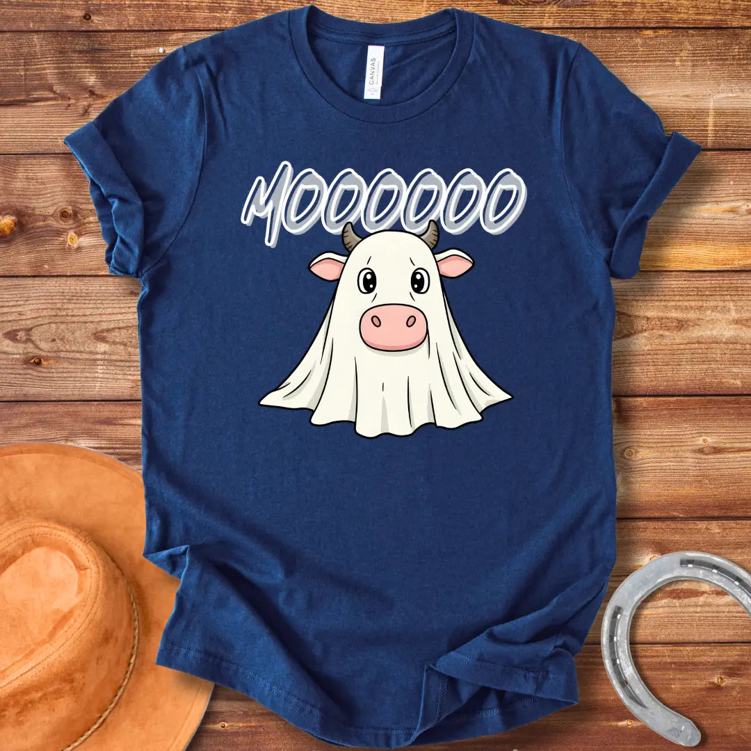 A cute cartoon cow dressed as a ghost with the word 'Moooo' written above it in a spooky font.