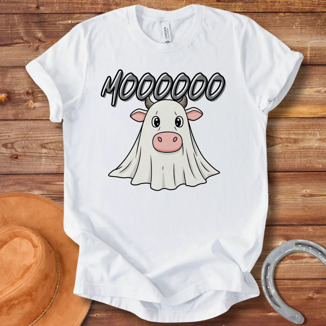 A cute cartoon cow dressed as a ghost with the word 'Moooo' written above it in a spooky font.