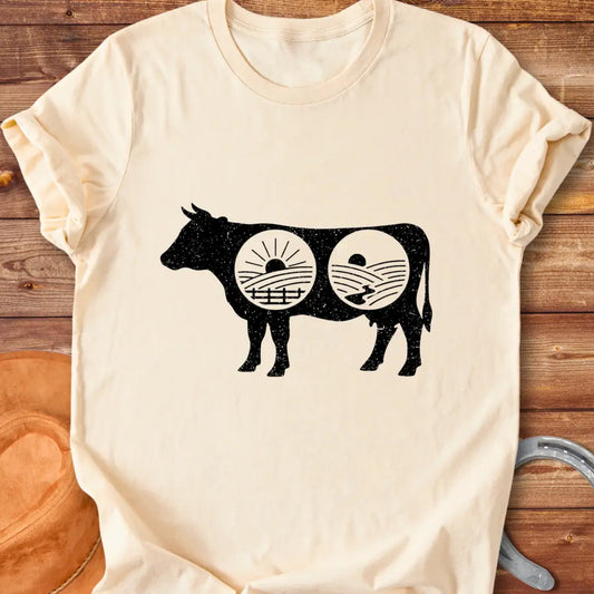 Cow silhouette t-shirt with farm landscapes inside, representing a starry night and a sunrise and sunset