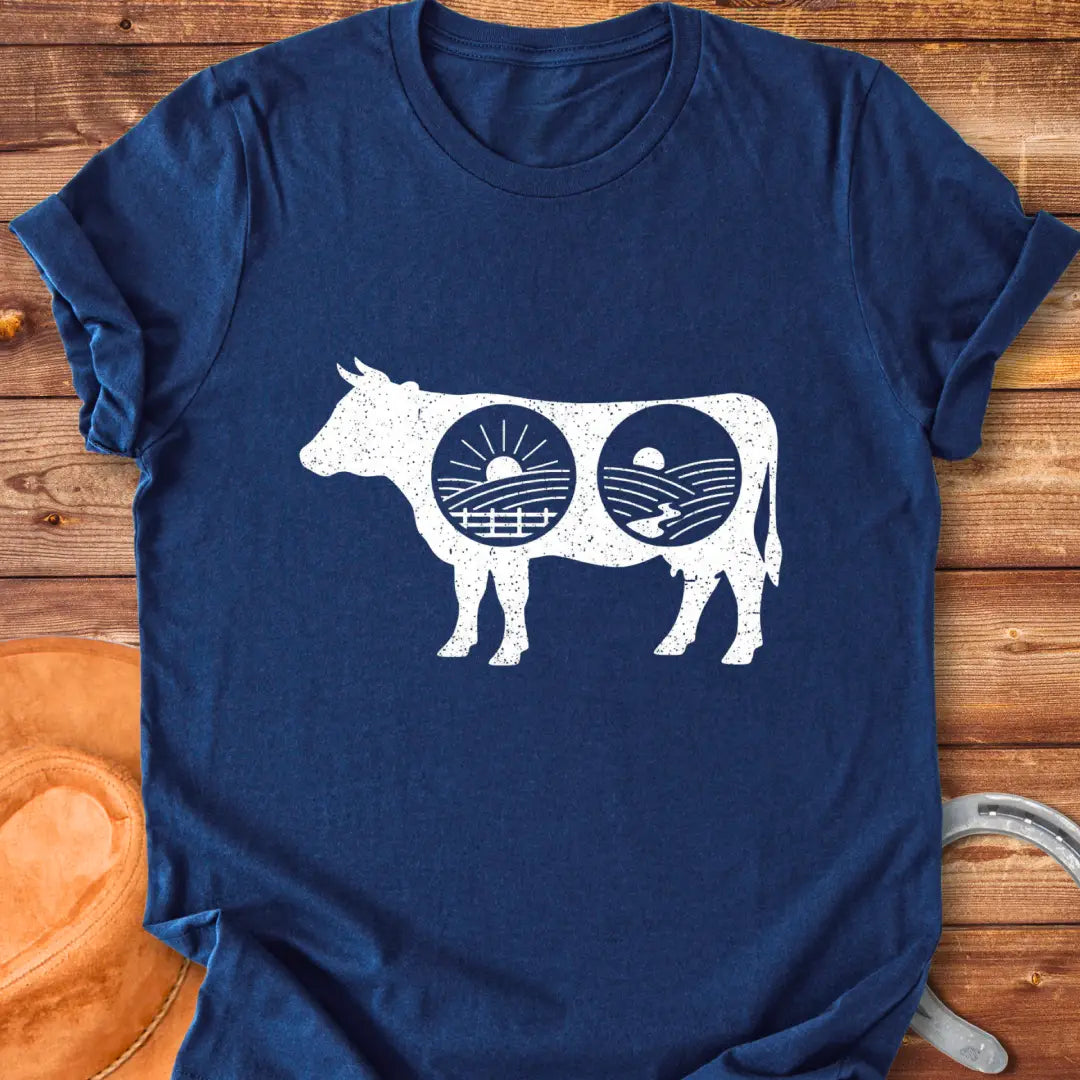 Cow silhouette t-shirt with farm landscapes inside, representing a starry night and a sunrise and sunset