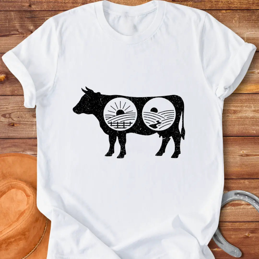 Cow silhouette t-shirt with farm landscapes inside, representing a starry night and a sunrise and sunset