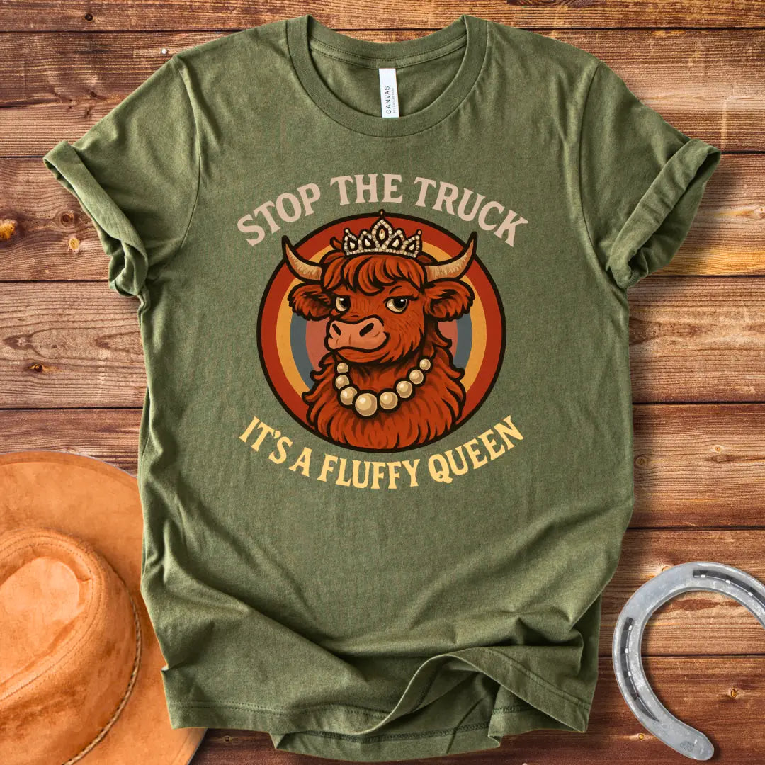 Stop The Truck For Fluffy Queen T-shirt featuring a fluffy Highland cow wearing a crown and pearls, set against a retro rainbow background