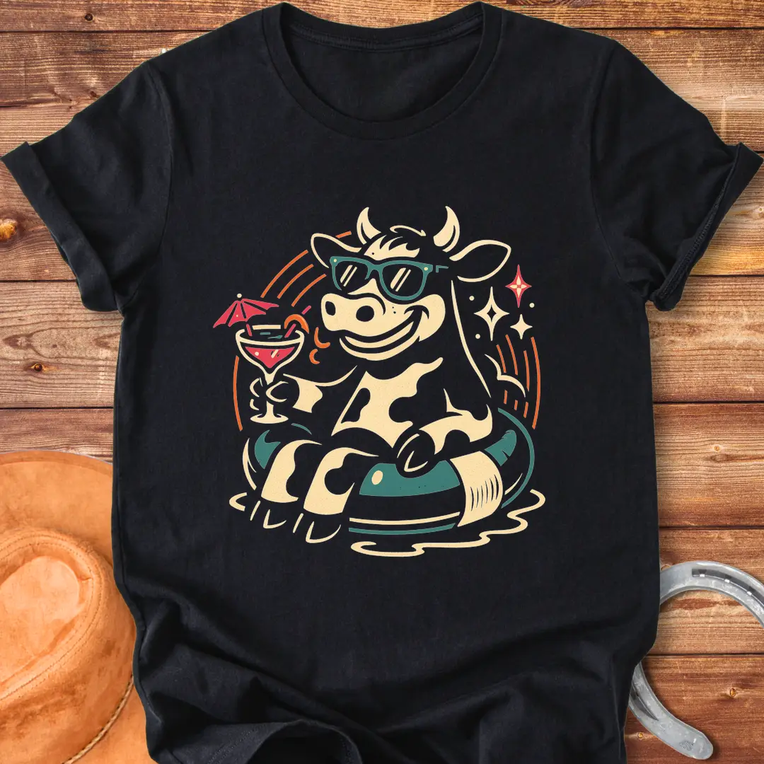 Illustration of a cow wearing sunglasses, relaxing on an inflatable with a cocktail, capturing a summer vibe.