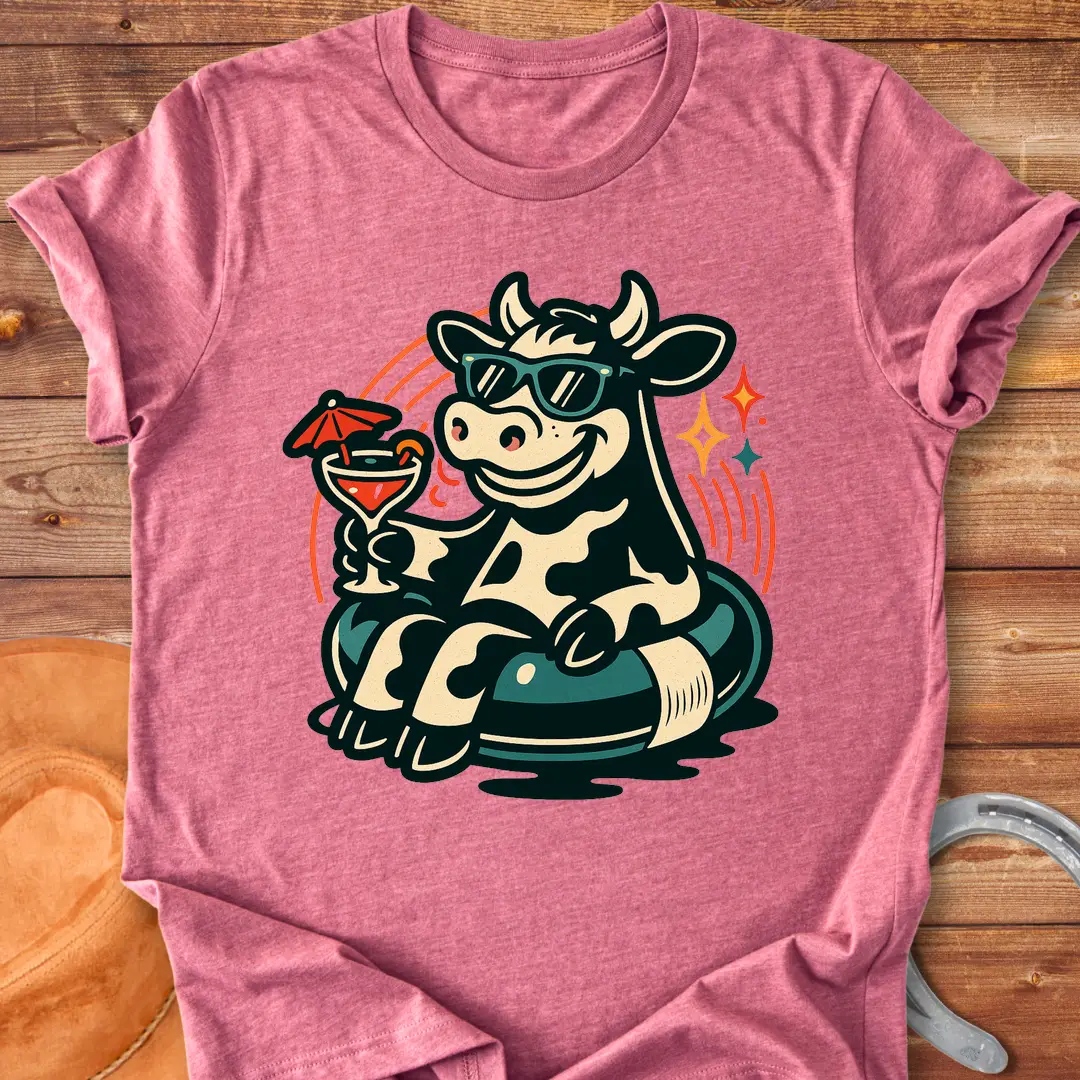 Illustration of a cow wearing sunglasses, relaxing on an inflatable with a cocktail, capturing a summer vibe.
