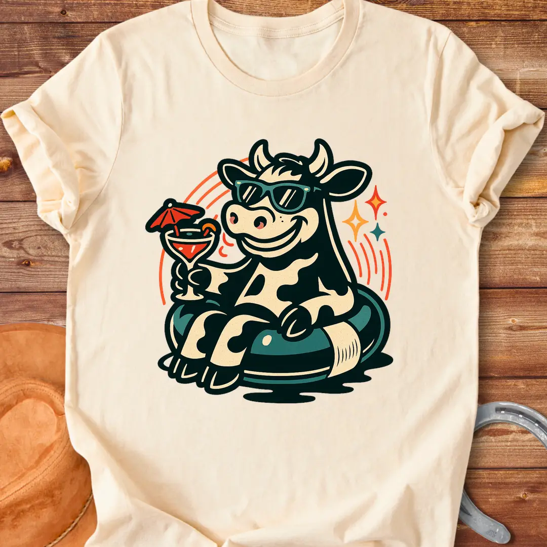 Illustration of a cow wearing sunglasses, relaxing on an inflatable with a cocktail, capturing a summer vibe.