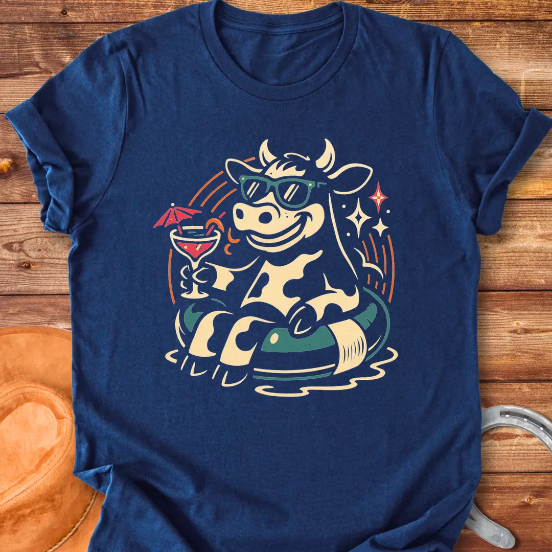Illustration of a cow wearing sunglasses, relaxing on an inflatable with a cocktail, capturing a summer vibe.