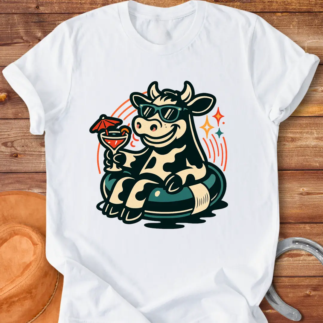 Illustration of a cow wearing sunglasses, relaxing on an inflatable with a cocktail, capturing a summer vibe.
