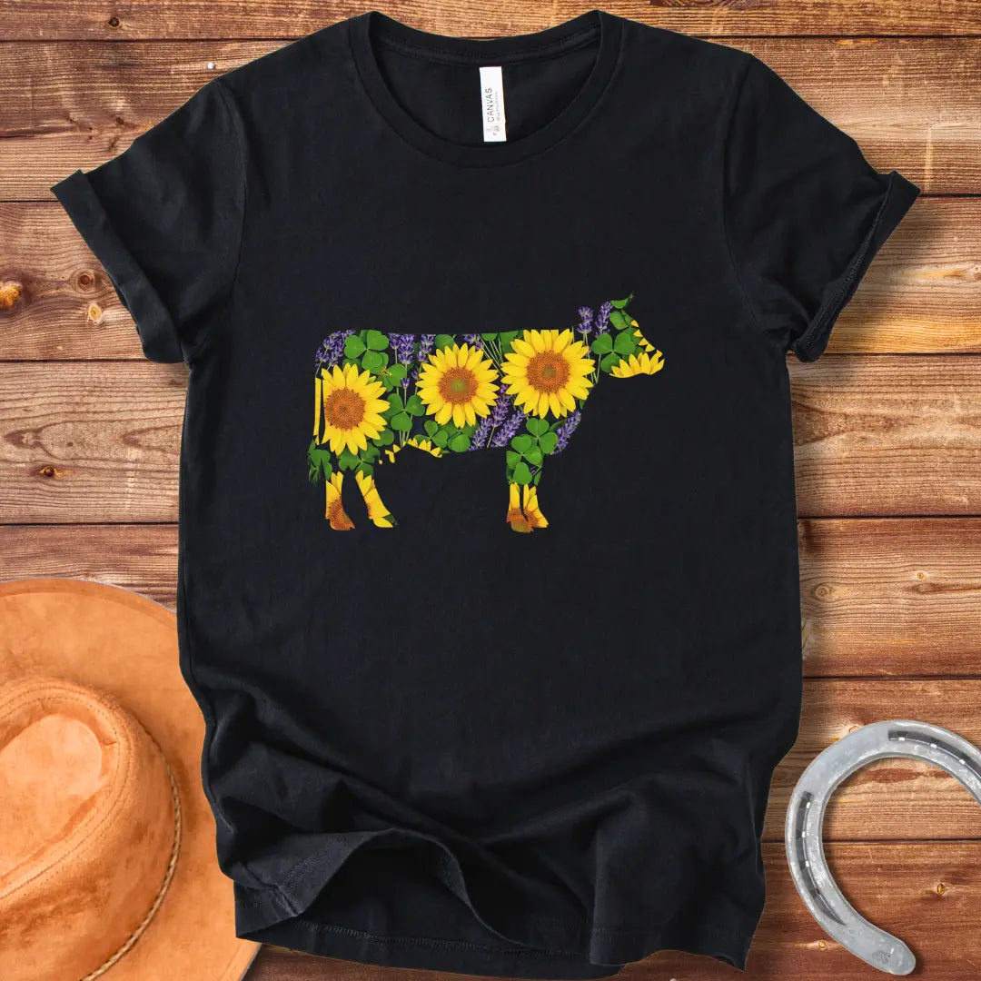 Sunflower cow t-shirt featuring a cow silhouette filled with sunflowers, lavender and clover