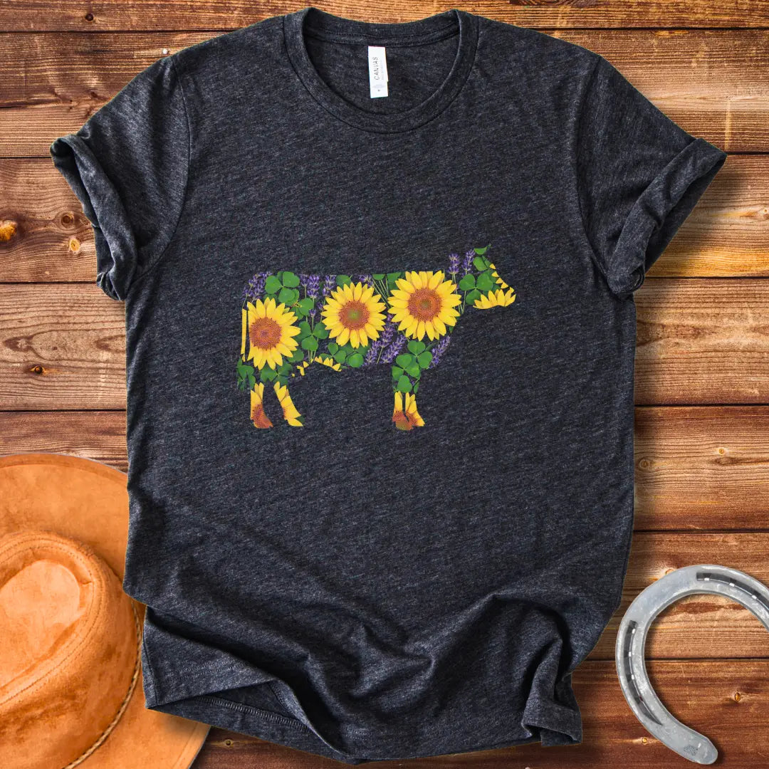 Sunflower cow t-shirt featuring a cow silhouette filled with sunflowers, lavender and clover