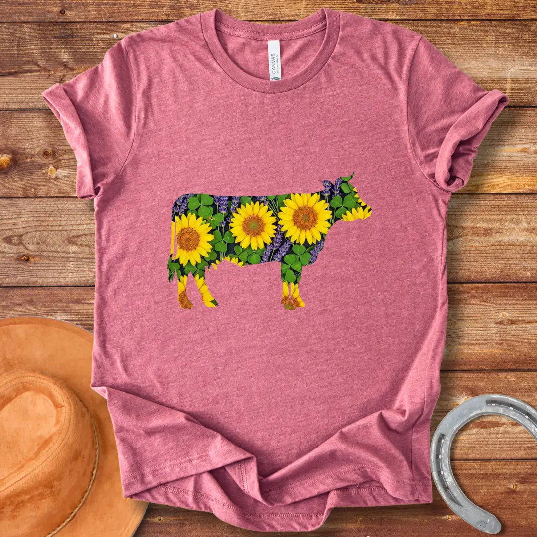 Sunflower cow t-shirt featuring a cow silhouette filled with sunflowers, lavender and clover