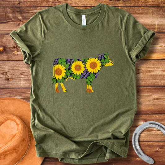 Sunflower cow t-shirt featuring a cow silhouette filled with sunflowers, lavender and clover