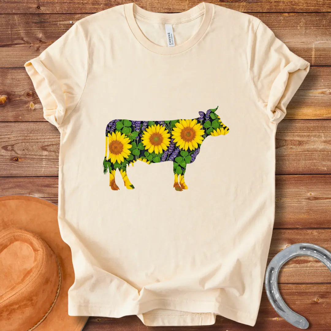 Sunflower cow t-shirt featuring a cow silhouette filled with sunflowers, lavender and clover