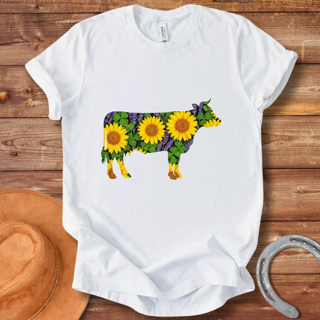 Sunflower cow t-shirt featuring a cow silhouette filled with sunflowers, lavender and clover
