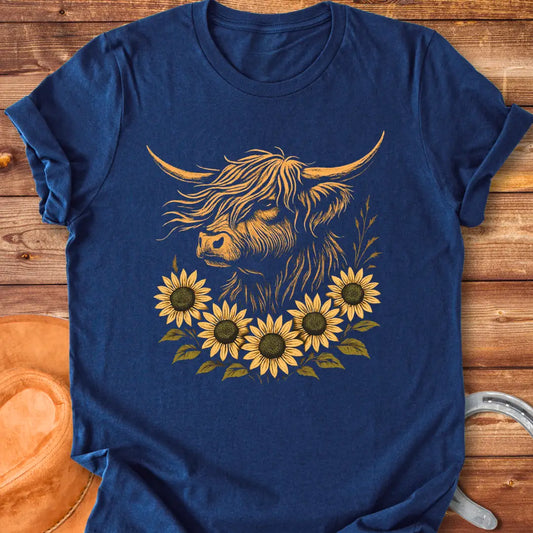 Sunflower fringe Highland cow t-shirt design, featuring a golden colored Highland cow head surrounded by vibrant sunflowers on a black background