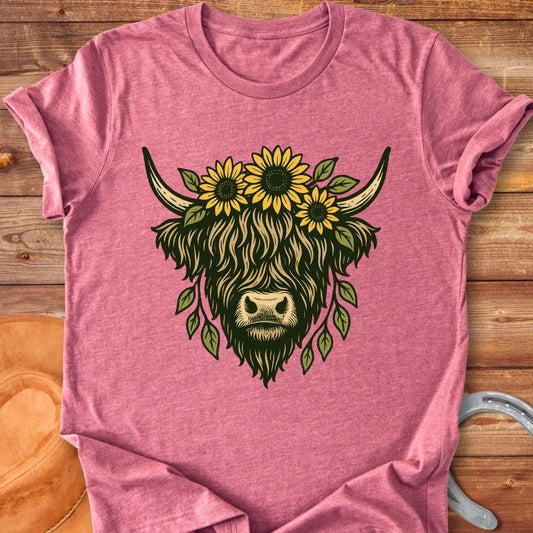 Highland cow wearing a sunflower crown, floral design t-shirt.