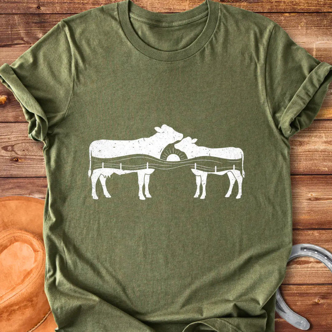 Silhouette design of a cow family with a sunset over a fence