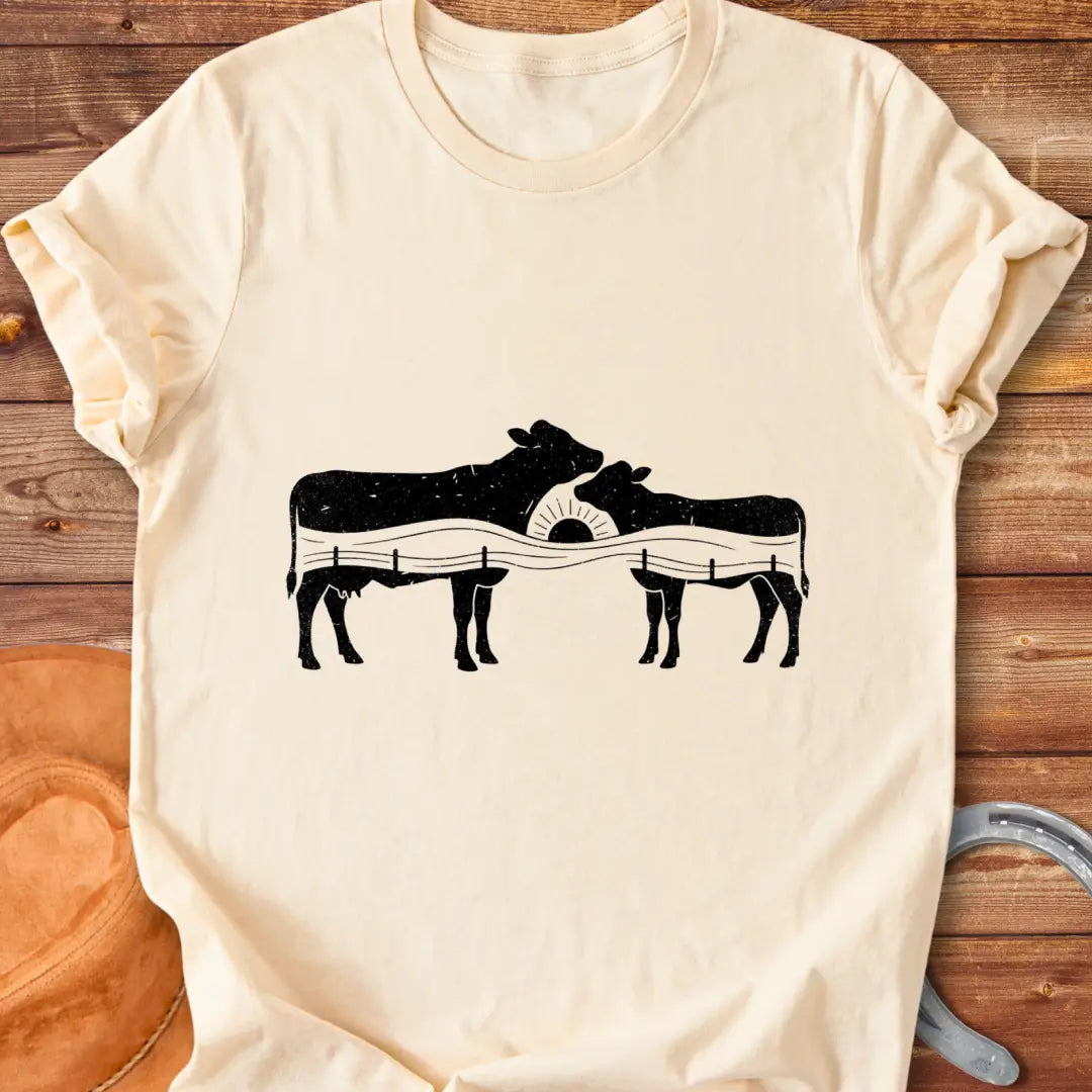 Silhouette design of a cow family with a sunset over a fence