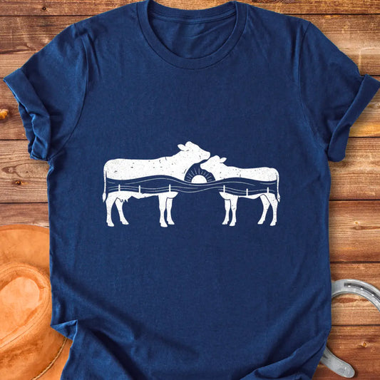 Silhouette design of a cow family with a sunset over a fence