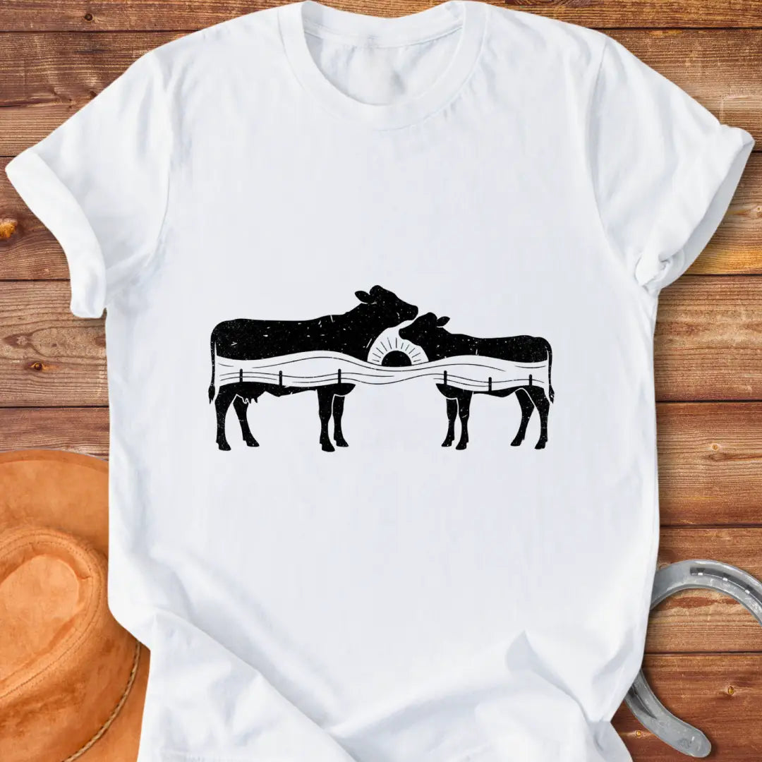 Silhouette design of a cow family with a sunset over a fence