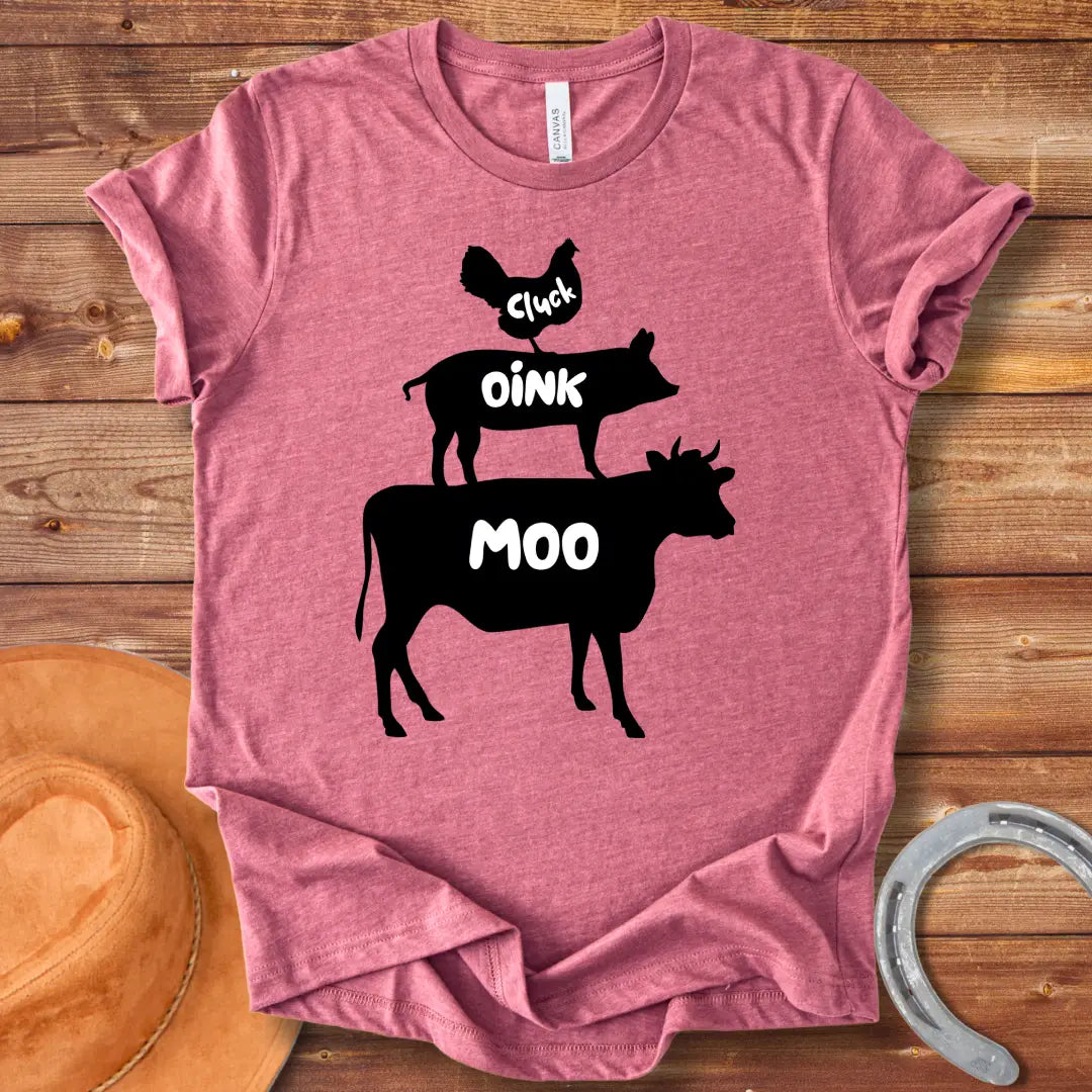 Black t-shirt with the words 'Cluck', 'Oink', and 'Moo' in white lettering.