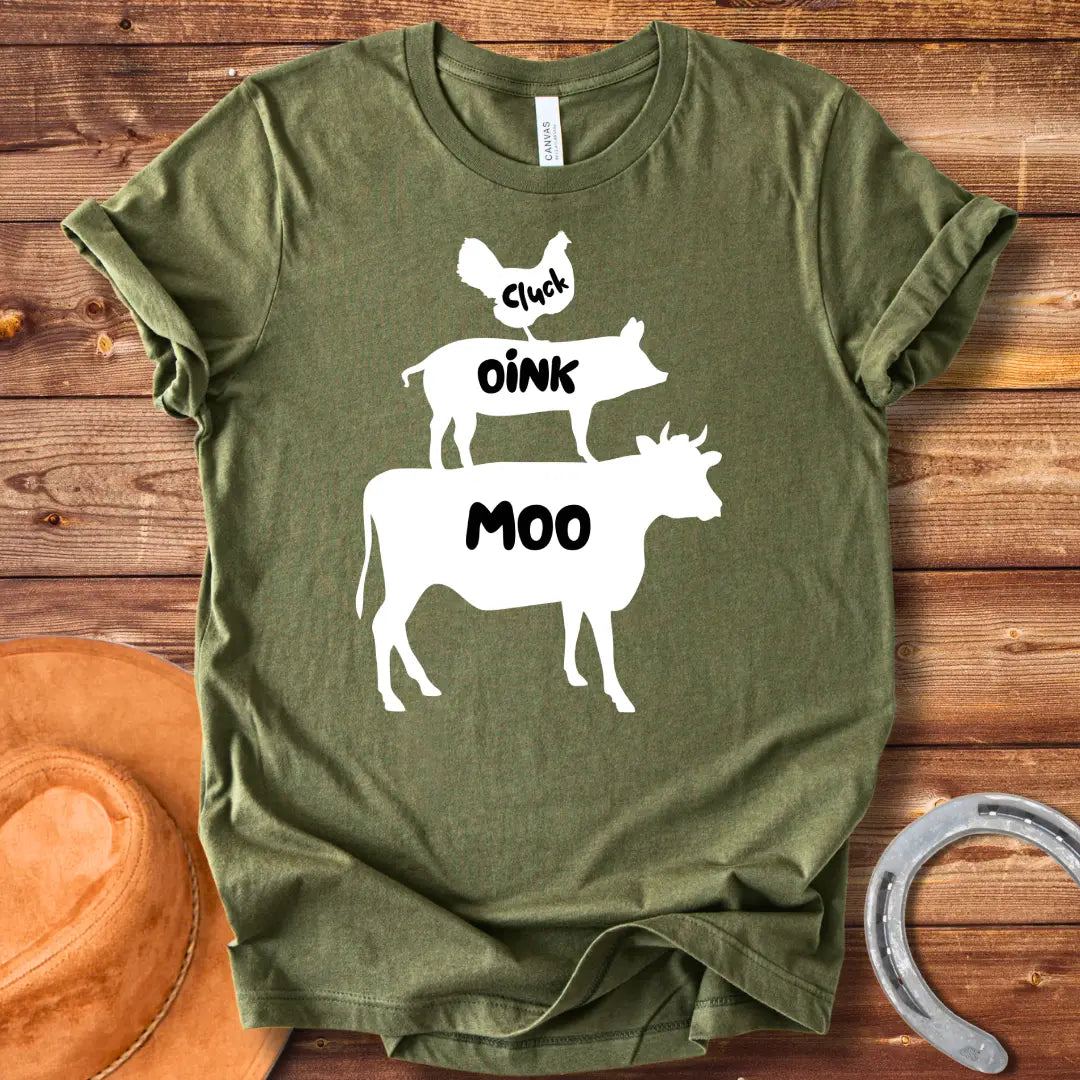 Black t-shirt with the words 'Cluck', 'Oink', and 'Moo' in white lettering.