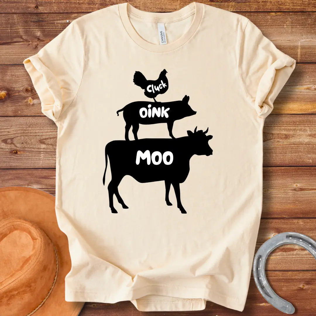 Black t-shirt with the words 'Cluck', 'Oink', and 'Moo' in white lettering.