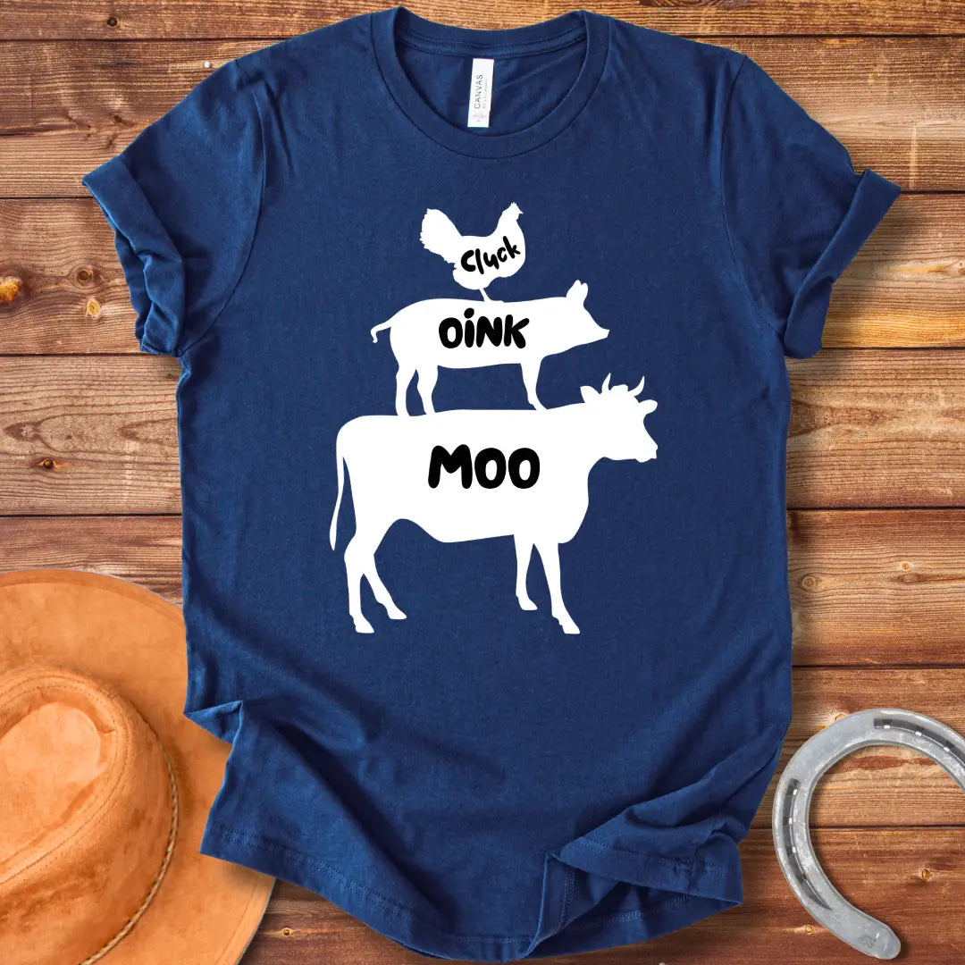 Black t-shirt with the words 'Cluck', 'Oink', and 'Moo' in white lettering.