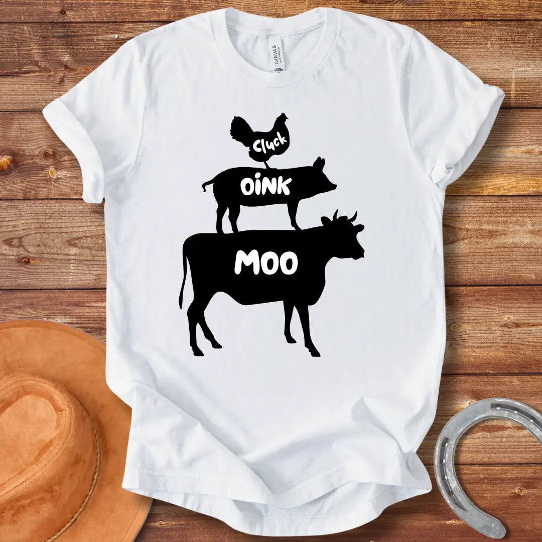 Black t-shirt with the words 'Cluck', 'Oink', and 'Moo' in white lettering.